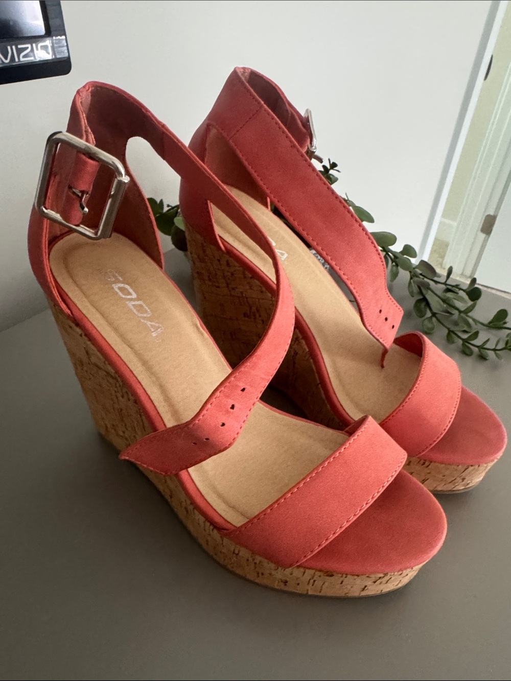 Soda Coral Pink Suede Cork Wedge Sandals with Ankle Buckle - Picture 2 of 4